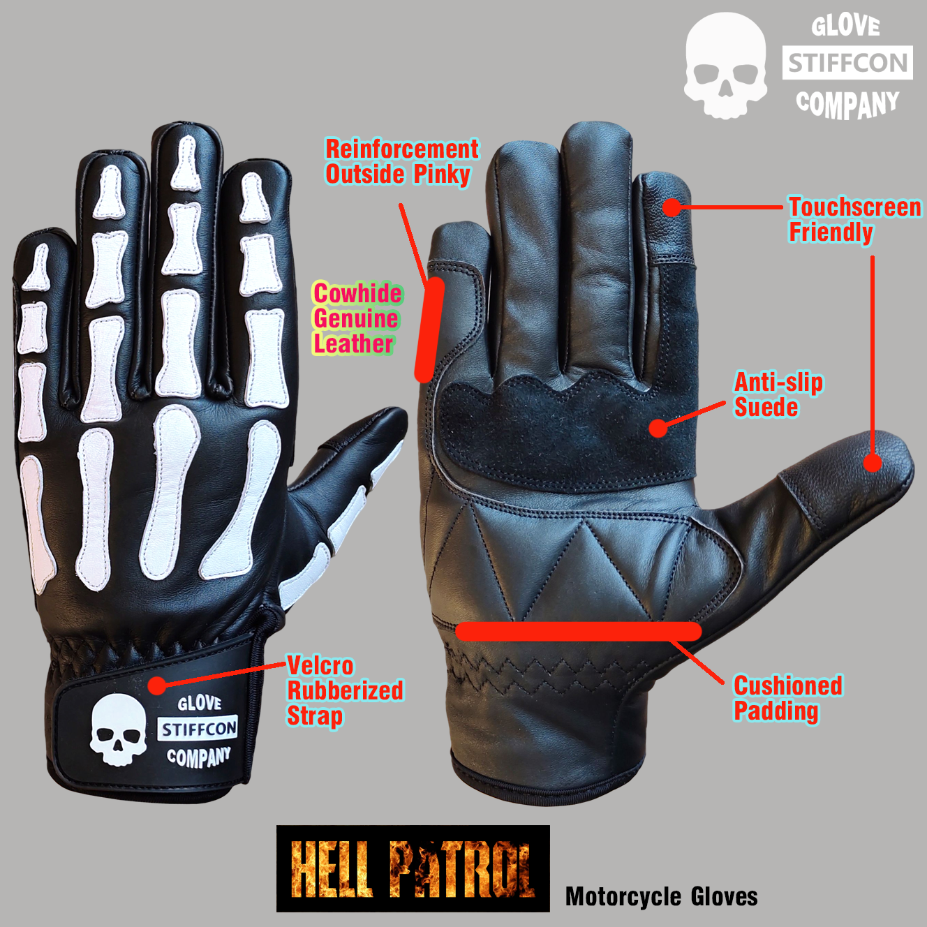 HELL PATROL BLACK_Stiffcon Genuine Leather Motorcycle Gloves Hell Patrol Black