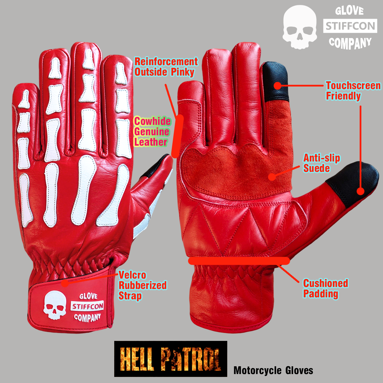 3個セット・送料無料 HELL PATROL RED_スティフコン本革バイクグローブ
